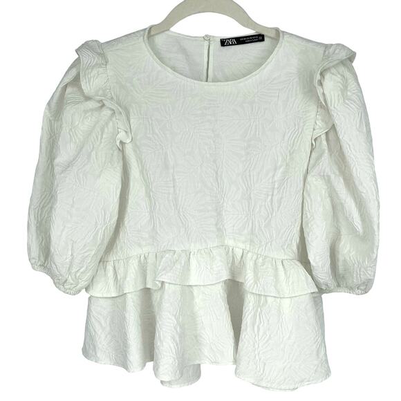 Zara White Ruffle Peplum Balloon Sleeve Blouse Size XS - Picture 8 of 8